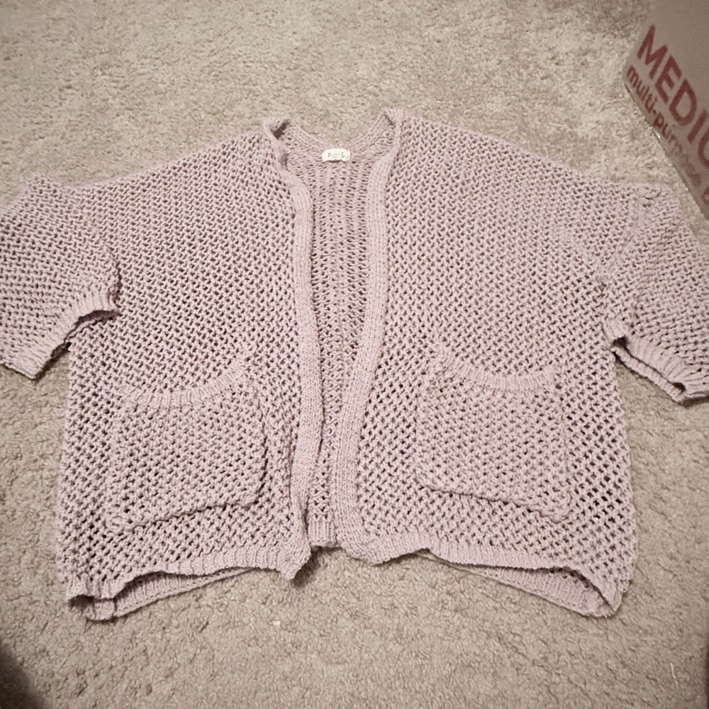 POL Women Tan Open Knit Crochet Cardigan Sweater Size M